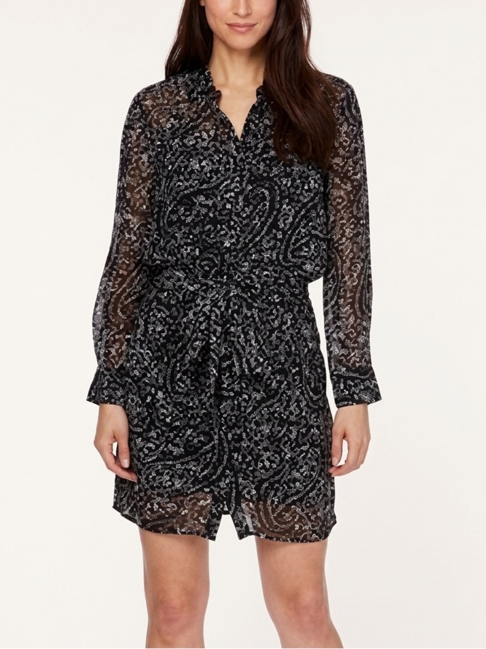 Lucky Brand Y2K Sheer Black Paisley Tie-Waist Long-Sleeve Tunic Mini Dress XS